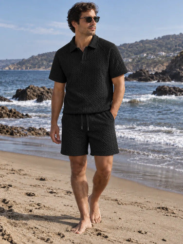 Conjunto Hombre Polera Polo Manga Corta Short Texturizado