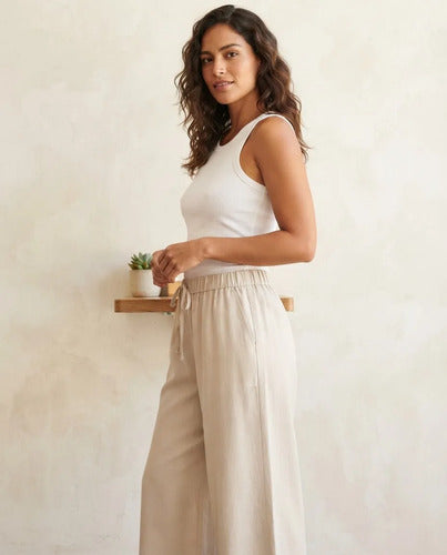 Pantalón Palazzo Mujer Algodón Cintura Elasticada Con Lazo