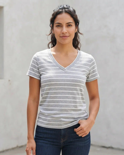 Polera Mujer Manga Corta Cuello V Rayas Casual