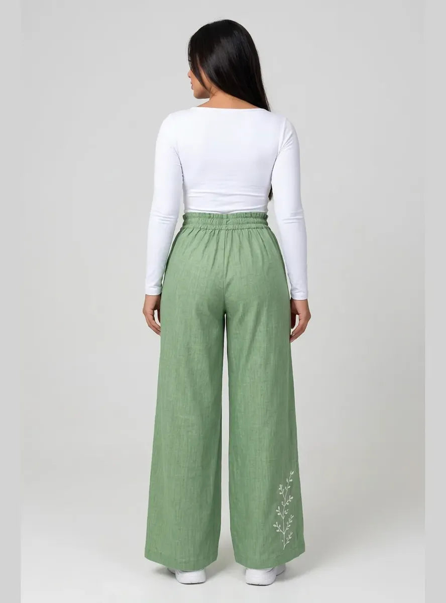 Pantalón Mujer Palazzo Bordado Floral Cintura Elasticada