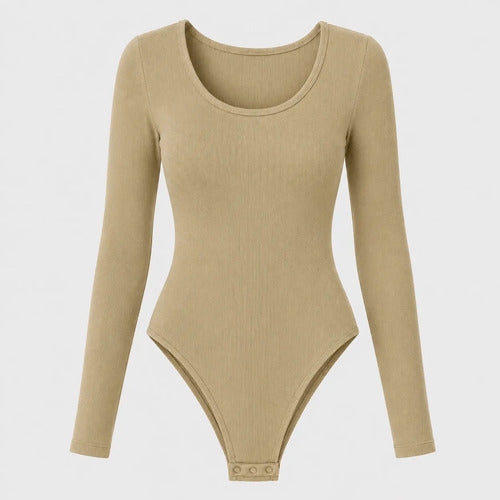 Body Modelador Mujer Manga Larga Acanalado Cuello Redondo