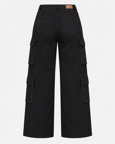 Pantalón Cargo Niña Negro Pierna Ancha Bolsillos Laterales
