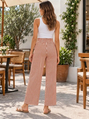 Pantalón Palazzo Mujer Rayado Tiro Alto Cintura Elástica