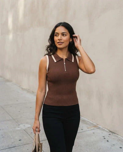 Polera Mujer Sin Mangas Cuello Polo Cierre Talla Única