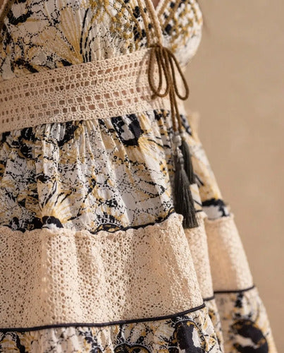 Vestido Mujer Corto Estampado Encaje Tirantes Estilo Boho