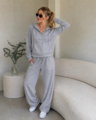 Conjunto Mujer Polerón Capucha Pantalón Ancho Texturizado