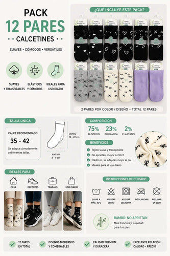 Calcetines Pack 12 Pares Mujer Bambú Talla 35-42 Estampados