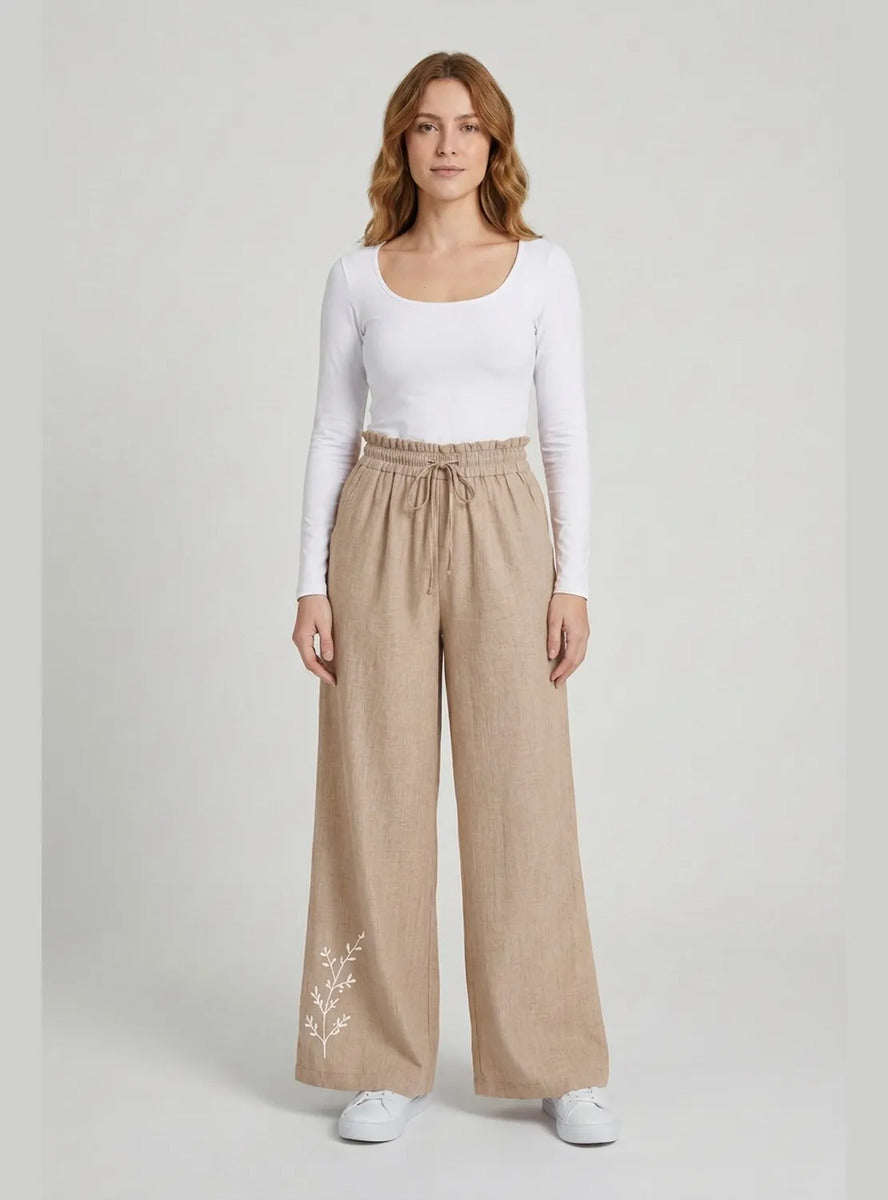 Pantalón Mujer Palazzo Bordado Floral Cintura Elasticada
