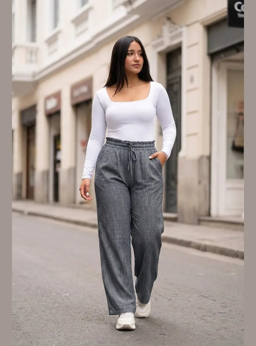 Pantalón Mujer Palazzo Jaspeado Pierna Ancha con Bolsillos