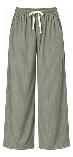 Pantalón Casual Mujer Palazzo Acanalado Cintura Elasticada