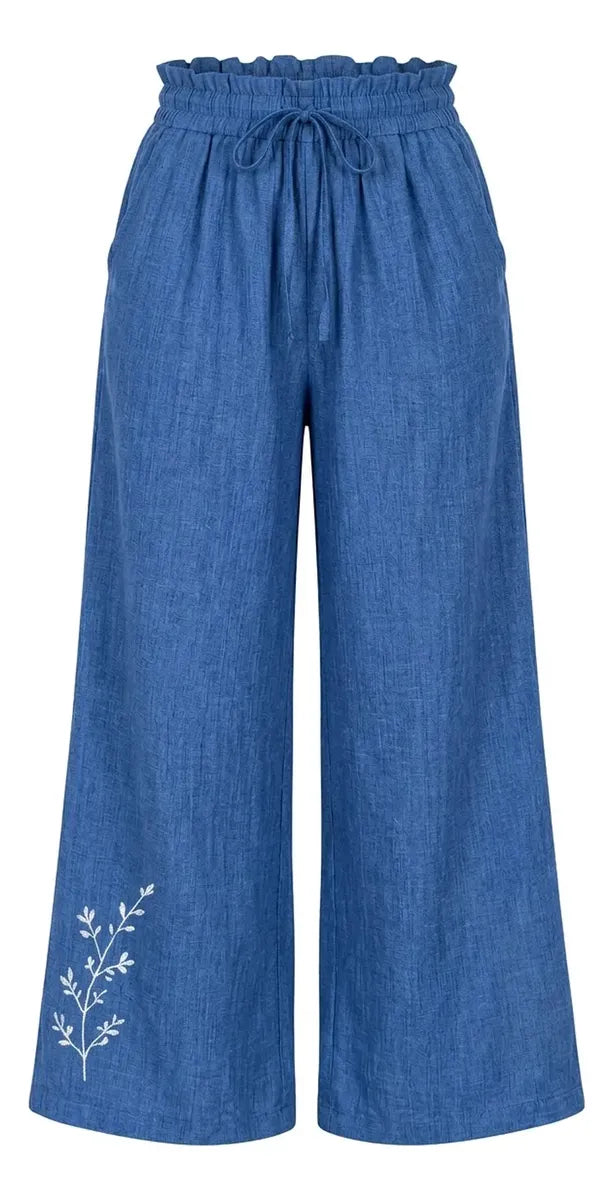 Pantalón Mujer Palazzo Bordado Floral Cintura Elasticada