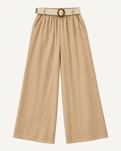 Pantalón Palazzo Mujer Cinturón Tejido Pierna Ancha