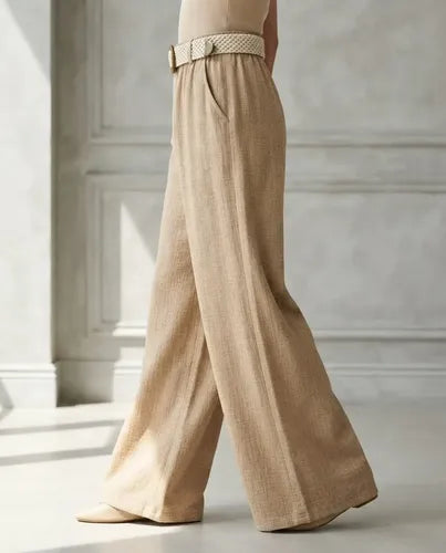 Pantalón Palazzo Mujer Cinturón Tejido Pierna Ancha