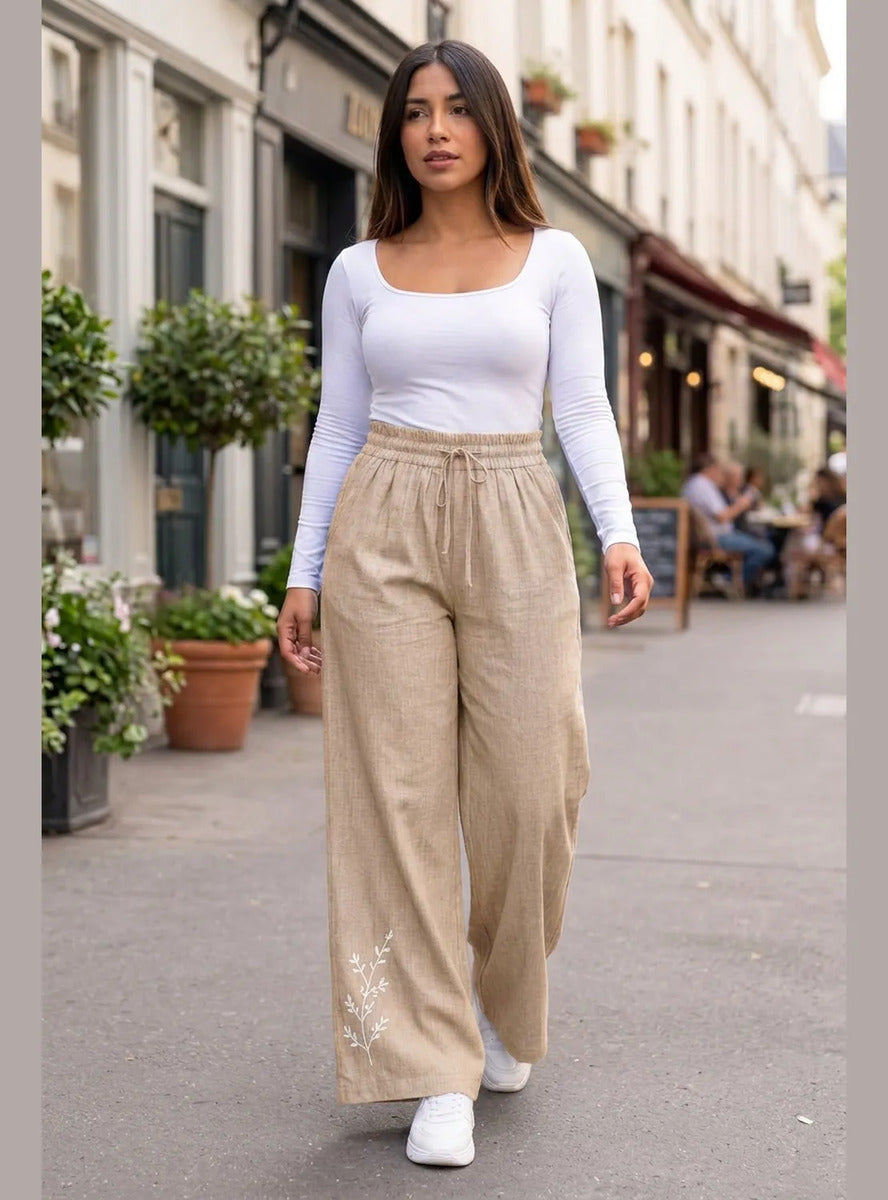 Pantalón Mujer Palazzo Bordado Floral Cintura Elasticada