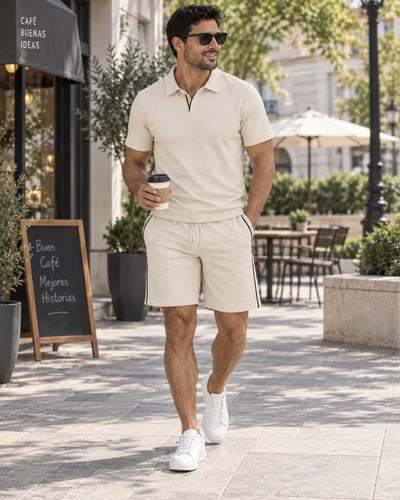 Conjunto Hombre Polera Cuello Polo Y Short Tela Texturizada