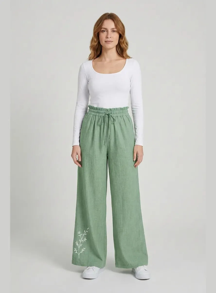 Pantalón Mujer Palazzo Bordado Floral Cintura Elasticada