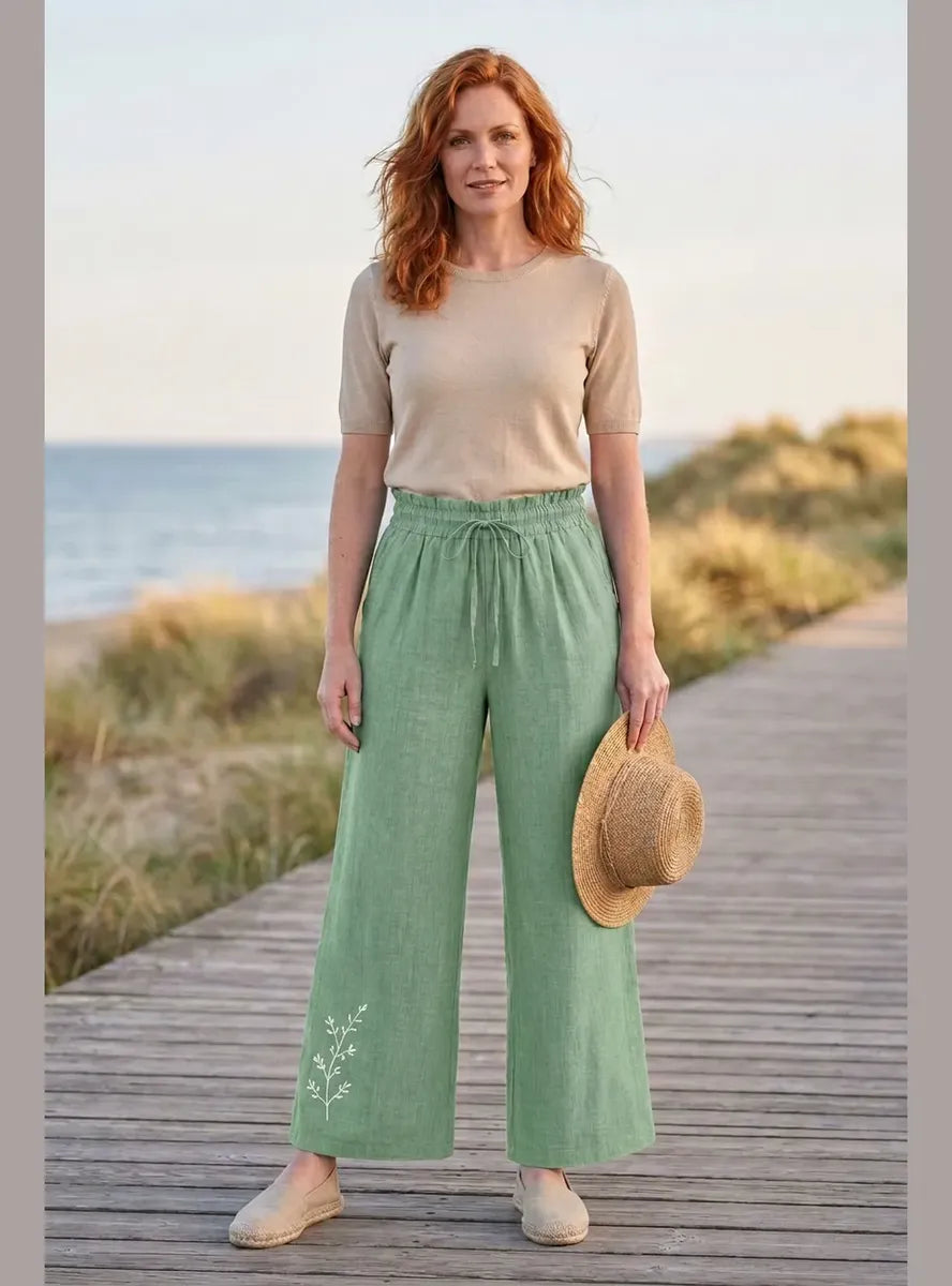 Pantalón Mujer Palazzo Bordado Floral Cintura Elasticada