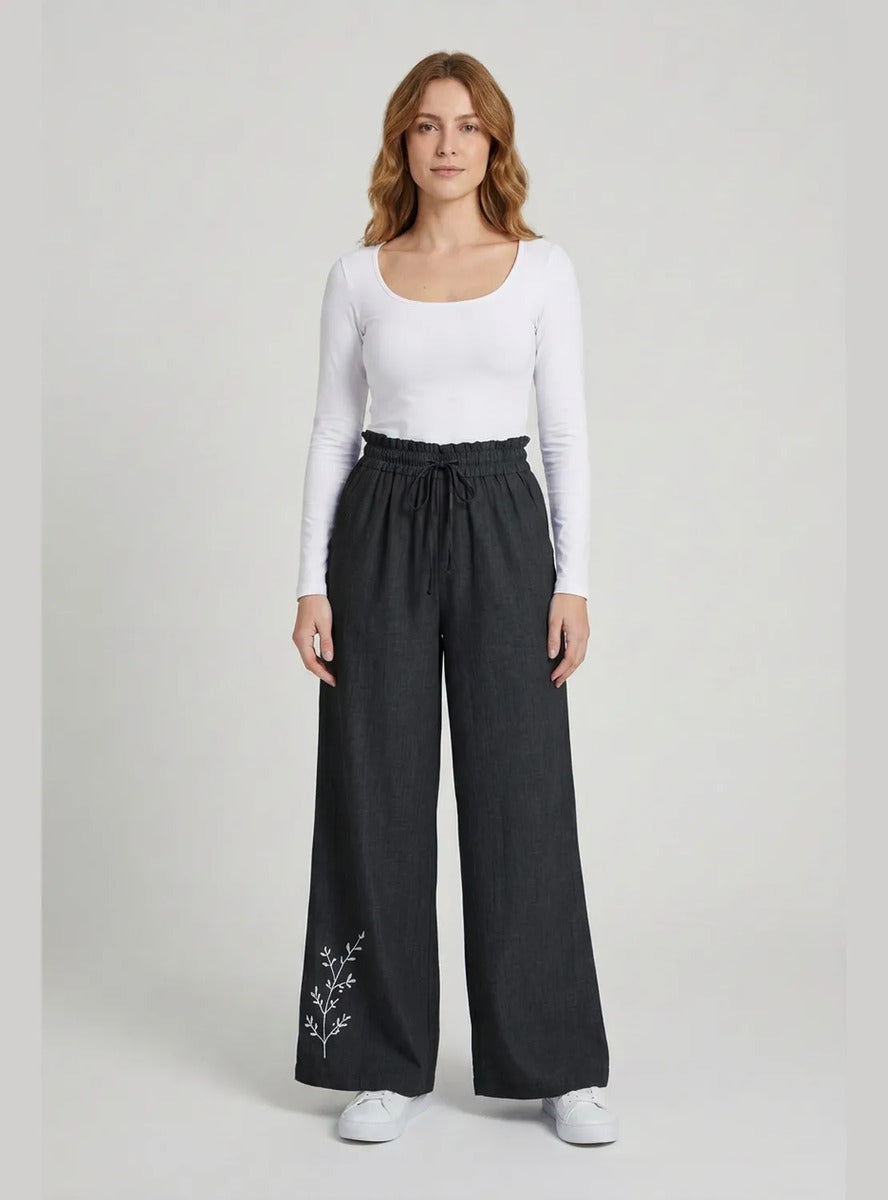 Pantalón Mujer Palazzo Bordado Floral Cintura Elasticada
