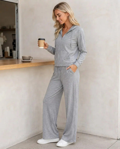 Conjunto Mujer Polerón Capucha Pantalón Ancho Texturizado