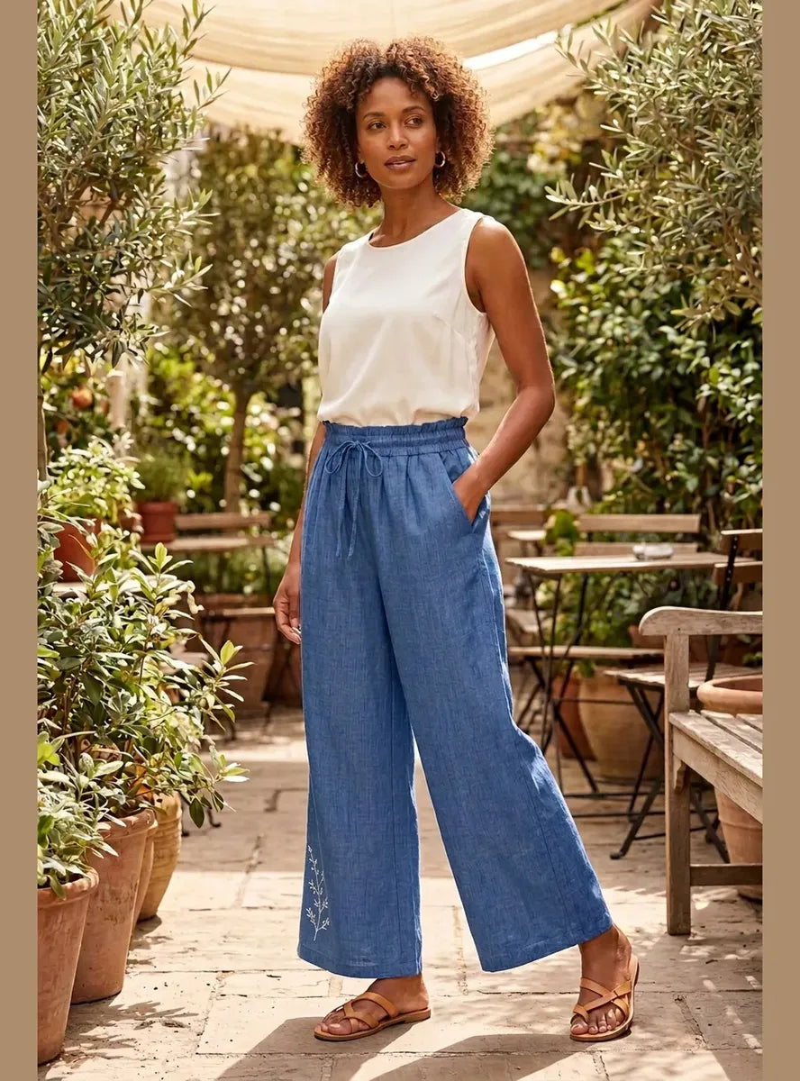 Pantalón Mujer Palazzo Bordado Floral Cintura Elasticada
