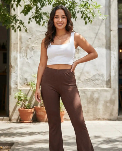 Pantalón Flare Mujer Cintura Alta Acanalado Ajustado