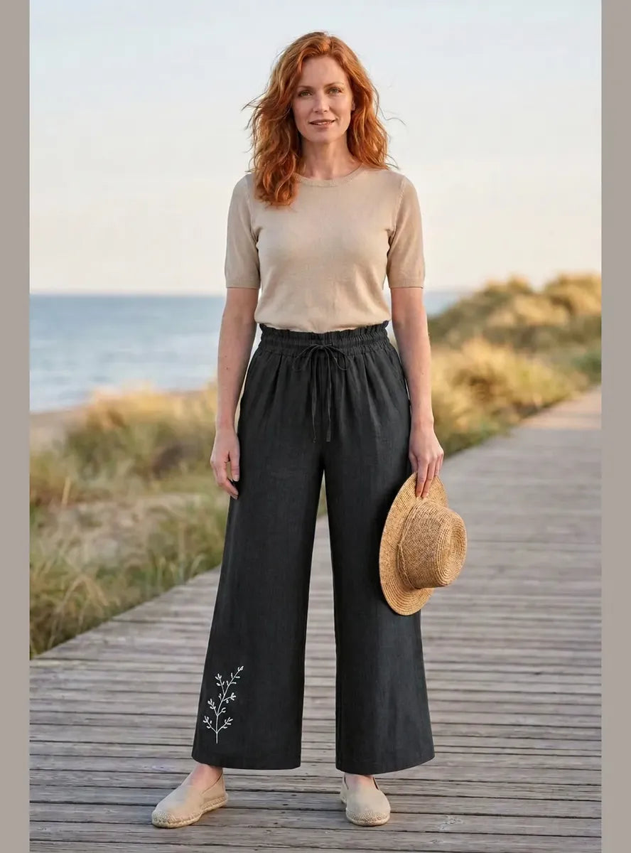 Pantalón Mujer Palazzo Bordado Floral Cintura Elasticada