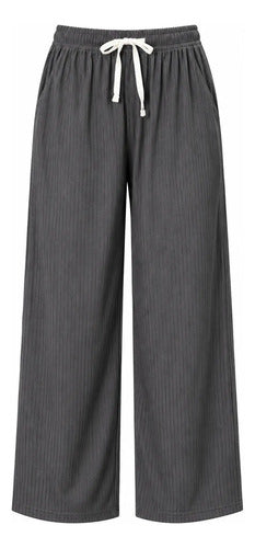 Pantalón Casual Mujer Palazzo Acanalado Cintura Elasticada