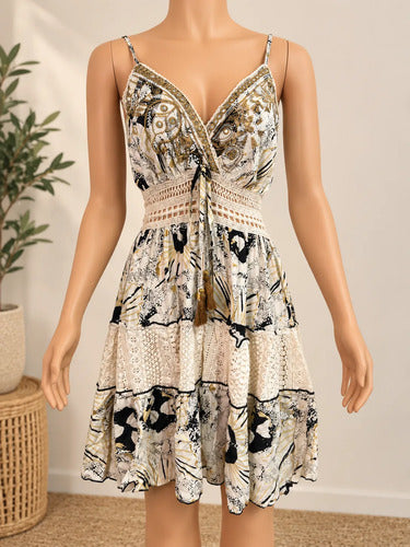 Vestido Mujer Corto Estampado Encaje Tirantes Estilo Boho