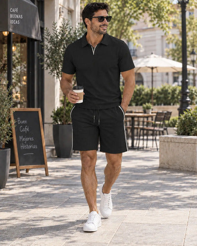 Conjunto Hombre Polera Cuello Polo Y Short Tela Texturizada