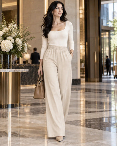 Pantalón Palazzo Mujer Algodón Cintura Elasticada Con Lazo