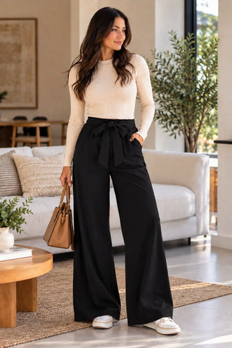Pantalón Palazzo Mujer Cintura Elasticada Con Lazo