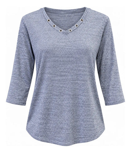 Polera Mujer Manga 3/4 Escote V Con Detalles Metálicos