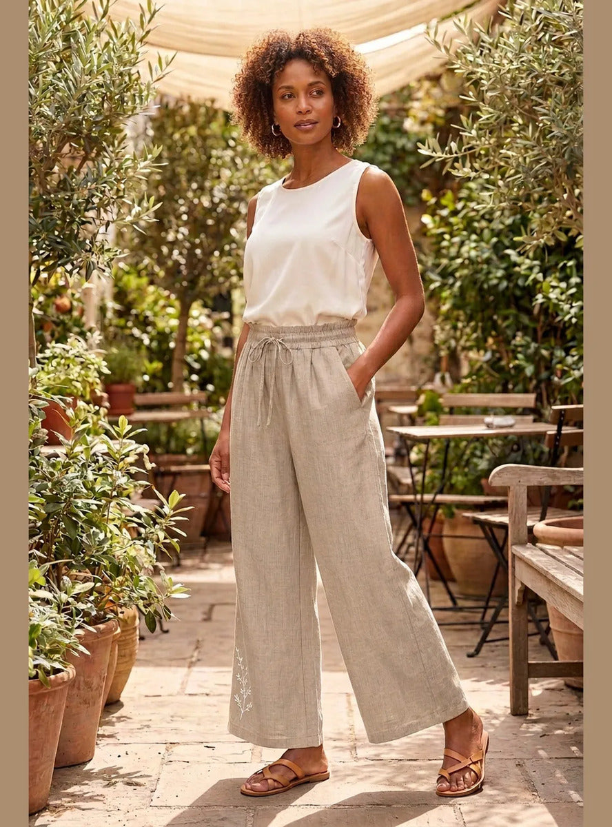 Pantalón Mujer Palazzo Bordado Floral Cintura Elasticada