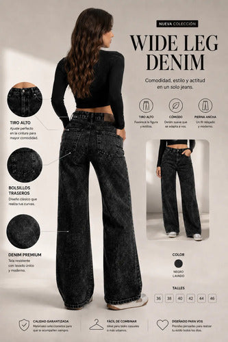 Jeans Pantalon Mujer Tiro Alto Pierna Ancha Negro Lavado