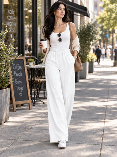 Pantalón Palazzo Mujer Algodón Cintura Elasticada Con Lazo