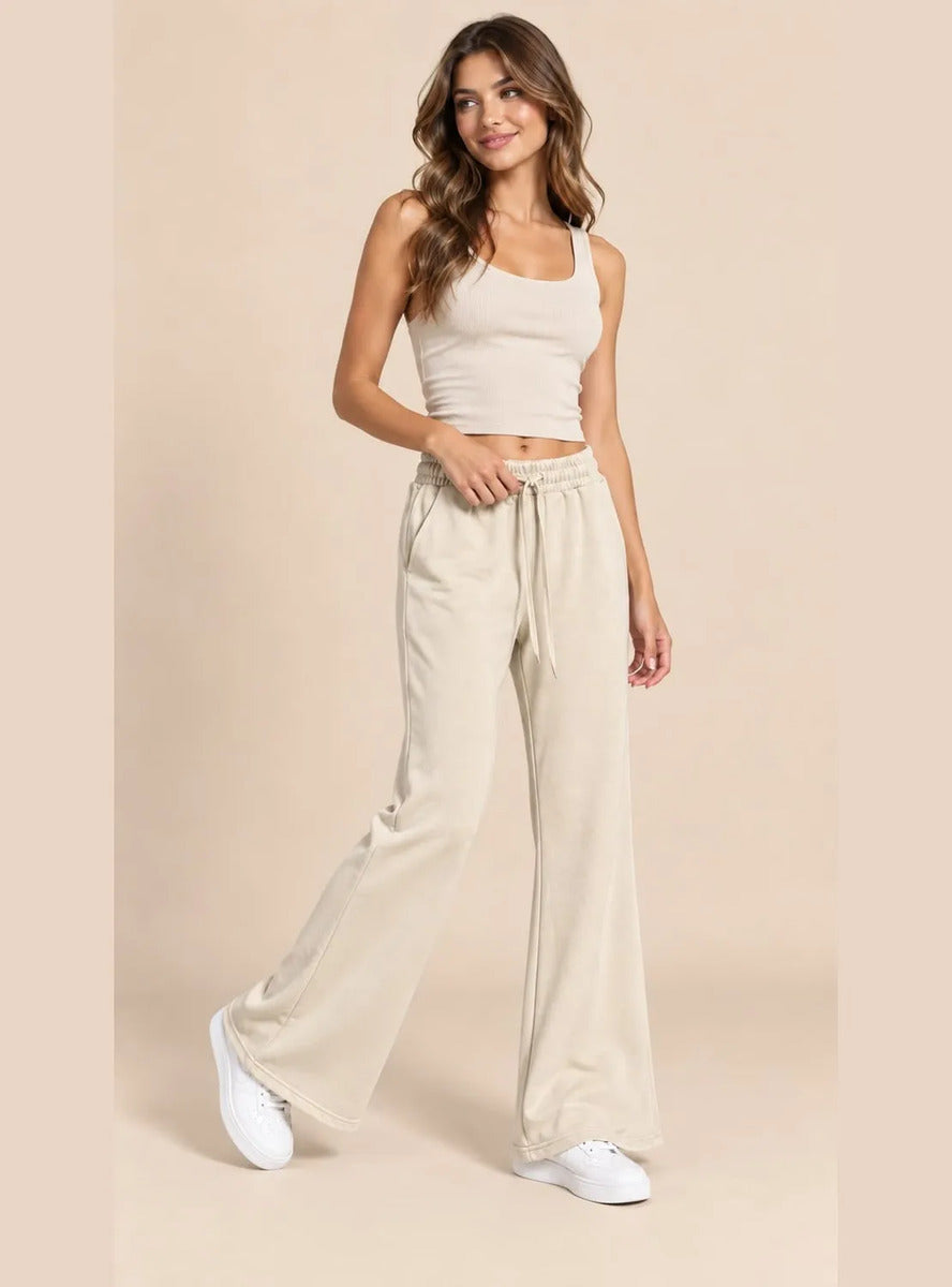Pantalón Mujer Flare Pierna Ancha Cintura Elasticada