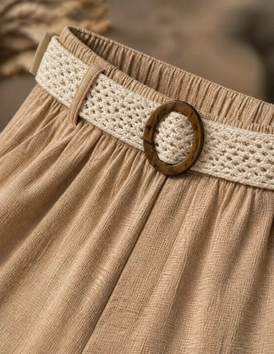 Pantalón Palazzo Mujer Cinturón Tejido Pierna Ancha