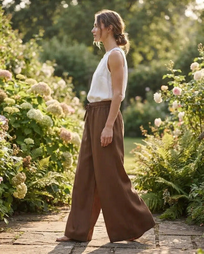 Pantalón Palazzo Mujer Algodón Cintura Elasticada Con Lazo