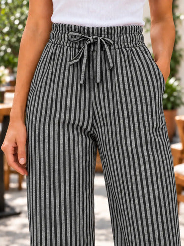 Pantalón Palazzo Mujer Rayado Tiro Alto Cintura Elástica