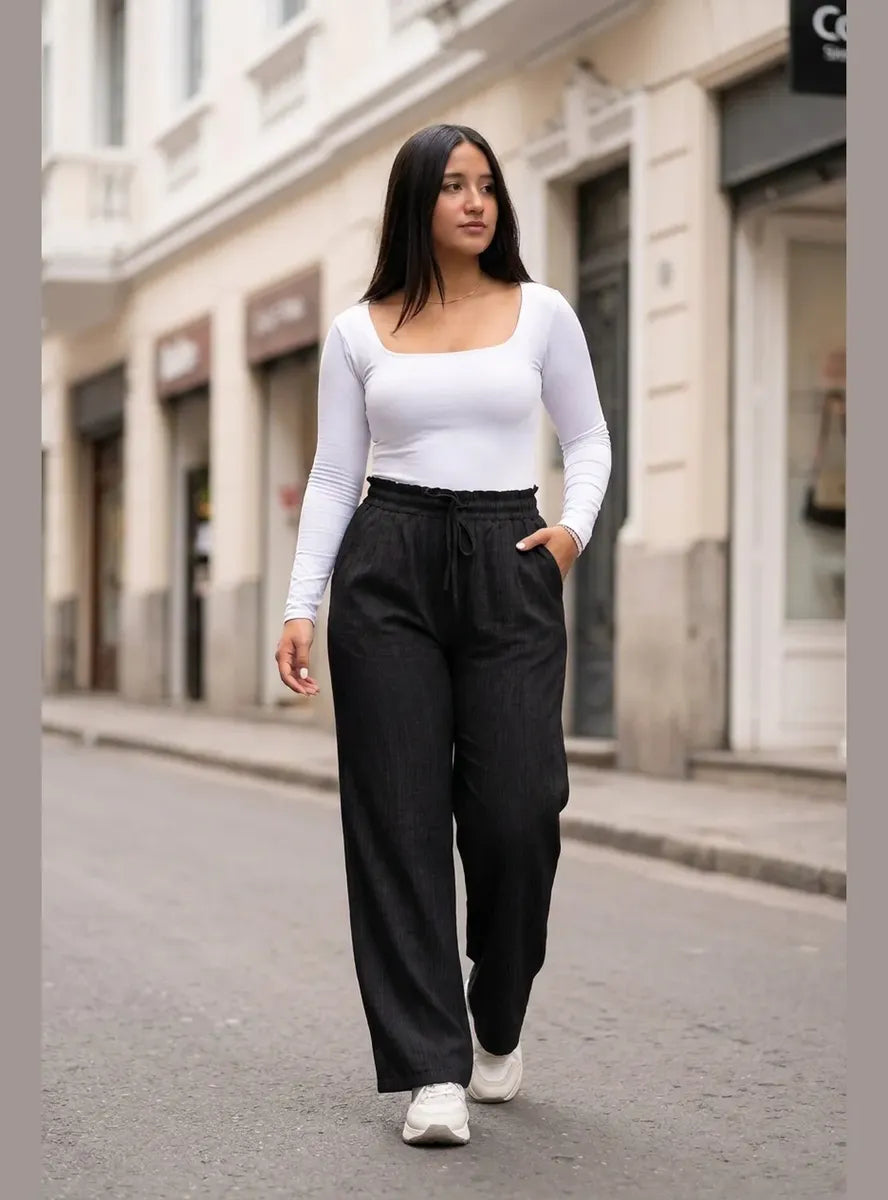 Pantalón Mujer Palazzo Jaspeado Pierna Ancha con Bolsillos