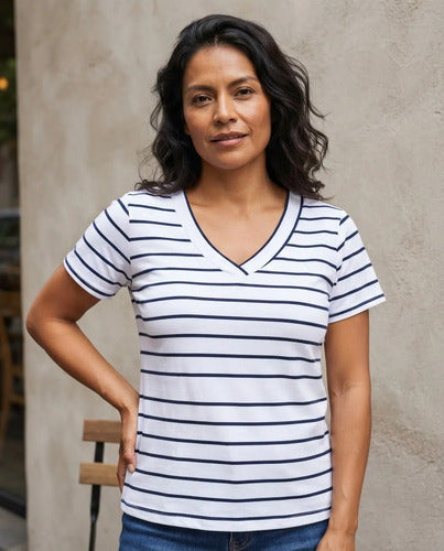 Polera Mujer Manga Corta Cuello V Rayas Casual
