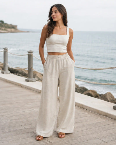 Pantalón Mujer Palazzo Cintura Elasticada Liso Pierna Ancha