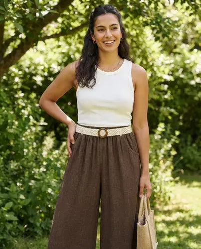 Pantalón Palazzo Mujer Cinturón Tejido Pierna Ancha