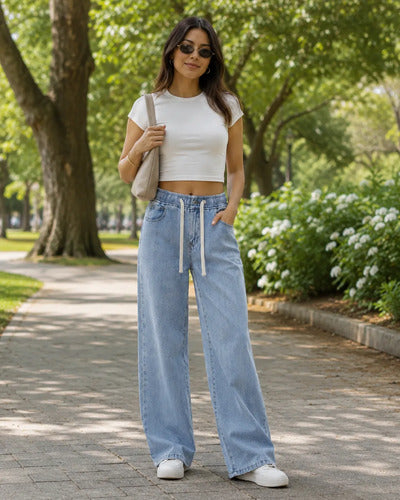 Jeans Mujer Pierna Ancha Cintura Elasticada Ajustable