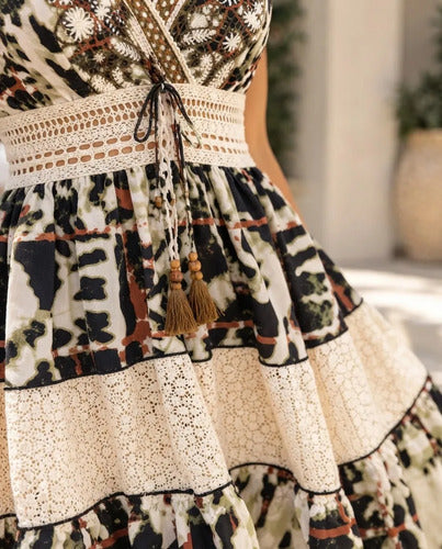 Vestido Mujer Corto Estampado Encaje Tirantes Estilo Boho