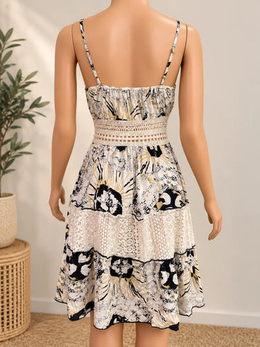Vestido Mujer Corto Estampado Encaje Tirantes Estilo Boho