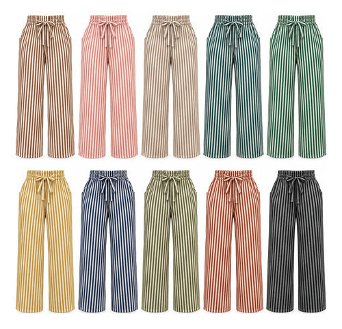 Pantalón Palazzo Mujer Rayado Tiro Alto Cintura Elástica