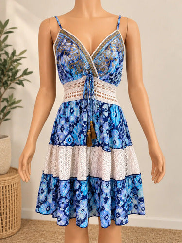 Vestido Mujer Corto Estampado Encaje Tirantes Estilo Boho
