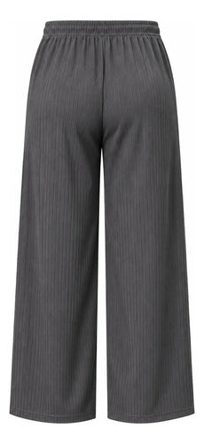 Pantalón Casual Mujer Palazzo Acanalado Cintura Elasticada