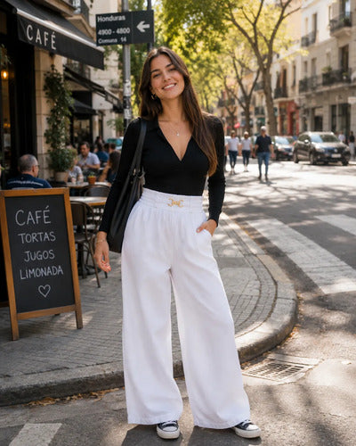 Pantalón Mujer Palazzo Tiro Alto Cintura Elasticada